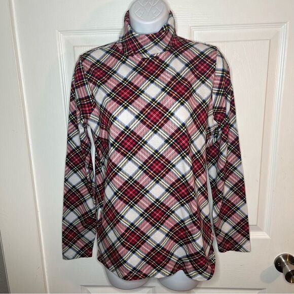 J.Crew Factory Plaid Printed Tissue Turtleneck Red Marine Salt Multi S NWOT - Picture 4 of 11